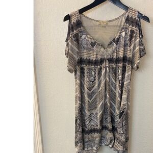 Live and Let Live Cold Shoulder Embellished Top Paisley Print Boho Blouse Size L